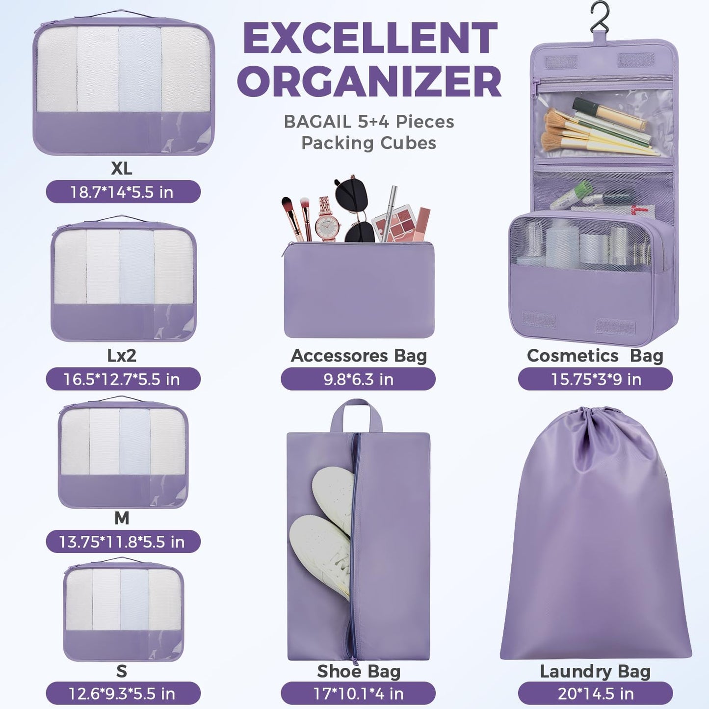 BAGAIL 9 Set Packing Cubes Luggage Packing Organizers for Travel Accessories