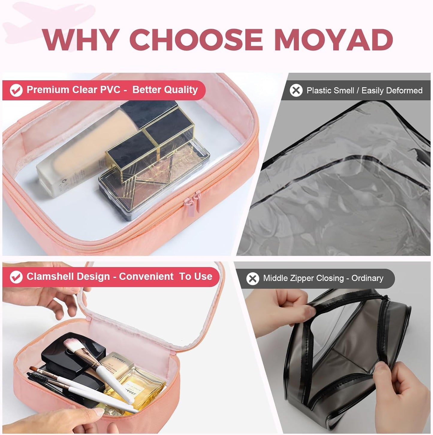 Moyad TSA Approved Clear Toiletry Bag, 3 Pack Quart Size 3-1-1 Liquids Pouch for Travel, Transparent Makeup & Cosmetic Organizer for Women Men, Peach Pink