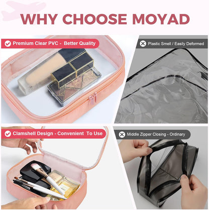 Moyad TSA Approved Clear Toiletry Bag, 3 Pack Quart Size 3-1-1 Liquids Pouch for Travel, Transparent Makeup & Cosmetic Organizer for Women Men, Peach Pink