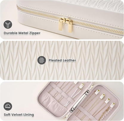 Lolalet Travel Jewelry Organizer, Jewelry Storage Case with Pocket, Earrings Necklaces Bracelets Ring Zippered Storage Pouch for Women -White