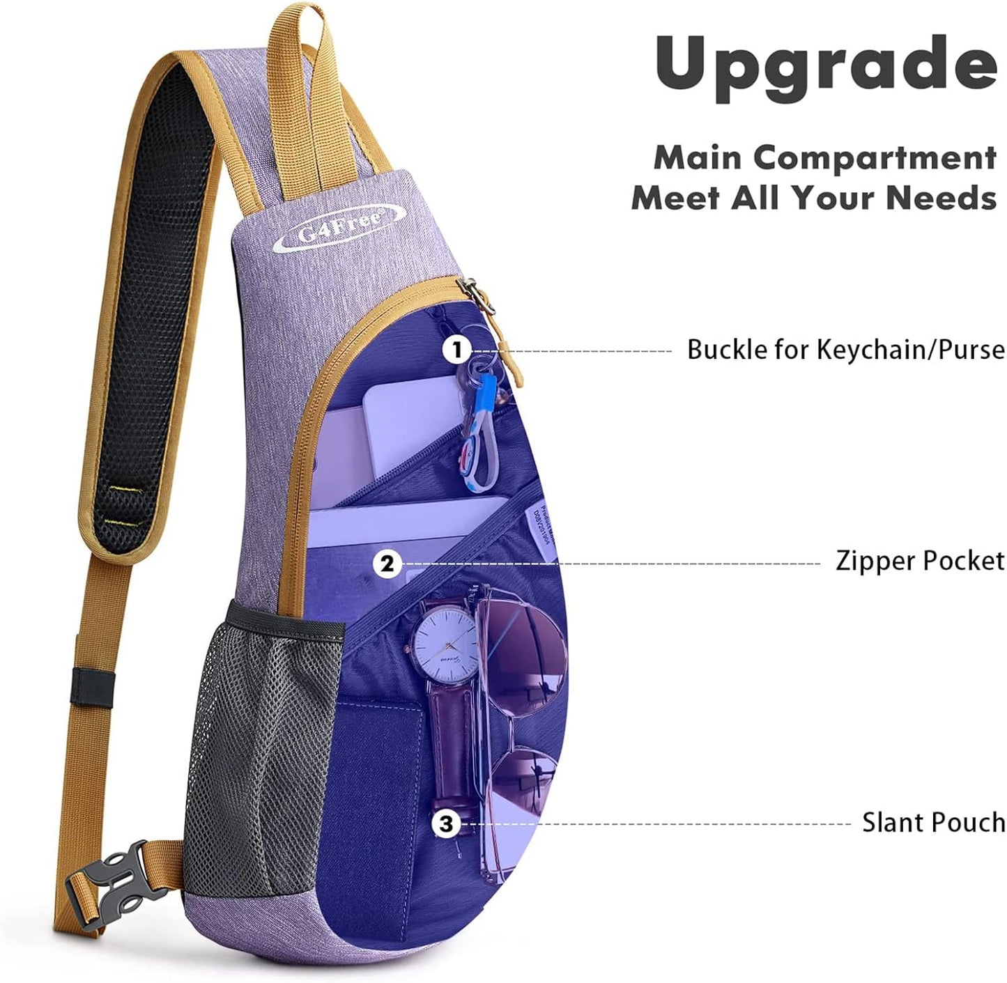 G4Free Sling Bag for Men Women, Small Crossbody Backpack Lightweight Chest Shoulder Bags for Travel, Outdoor and Sports (Light purple)
