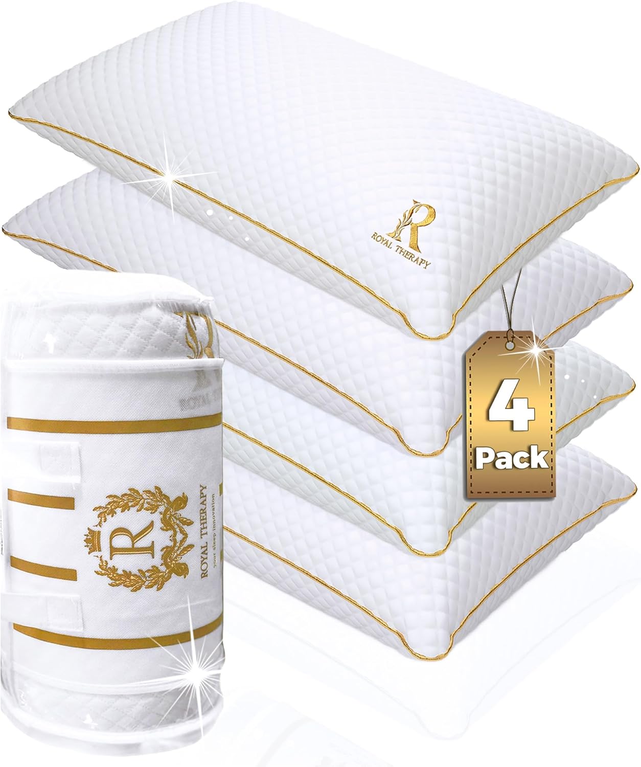 Royal Therapy King Memory Foam Pillows 4-Pack - Shredded Memory Foam Pillow for All Sleep Positions - Medium Firm Pillow with Adjustable, Bamboo-Derived Rayon Cover, CertiPUR-US, Oeko-TEX Certified