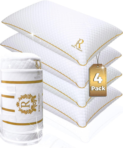 Royal Therapy Queen Memory Foam Pillows 4-Pack - Shredded Memory Foam Pillow for All Sleep Positions - Medium Firm Pillow with Adjustable Loft, Bamboo Rayon Cover, CertiPUR-US, Oeko-TEX Certified