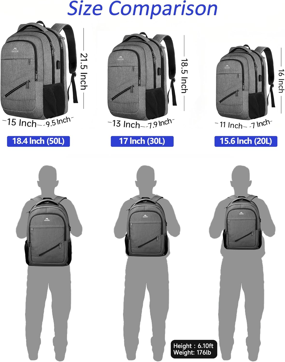 MATEIN 15.6 Inch Student Laptop Backpack, 20 L Airline Personal Item College School Book Bag with TSA Laptop Compartment, Water Resistant Work Commute Computer Backpack for Men Women, Grey
