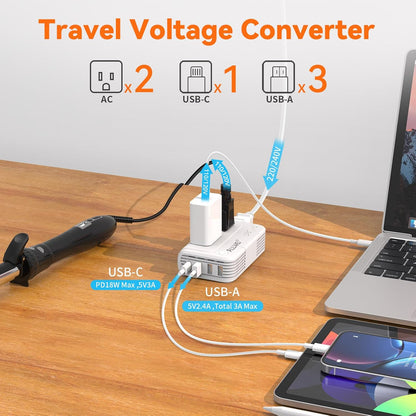 ALLWEI 220V to 110V Travel Voltage Converter us to Europe, Step Down Converter for Hair Straightener/Curling Iron, International Power Adapter for EU/UK/US/AU (White)