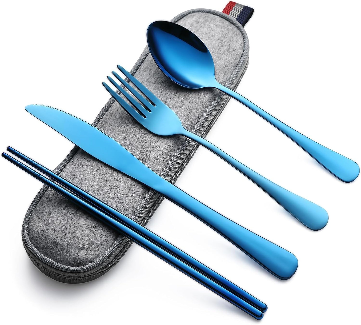 DEVICO Camping Utensils, Portable Travel Utensils with Case, Stainless Steel Reusable Silverware for Lunch Adult, 5Pcs Cutlery Set Includes Knife Spoon Fork Chopsticks and Case (Blue)