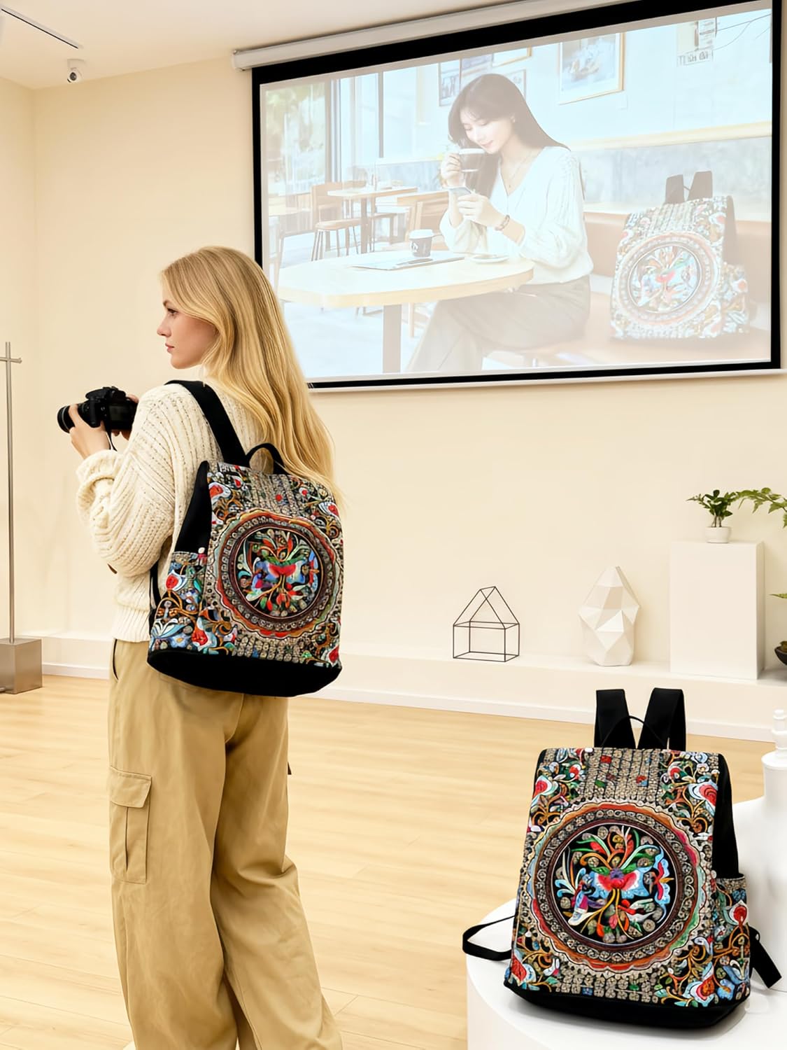 Jursccu Embroidered Women Backpack Purse, Fashion Canvas Travel Anti-theft Rucksack Shoulder Bag (Flower Embroidery)