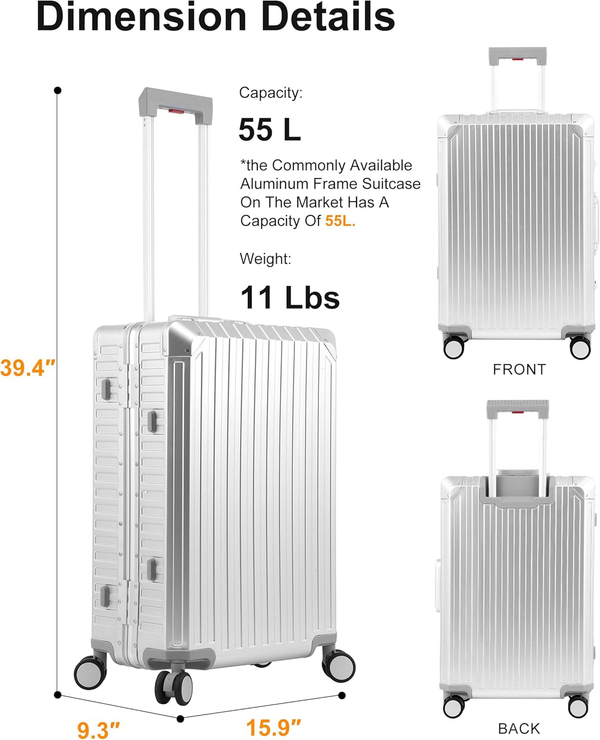 Mvst Luggage Premium All Aluminum Magnesium Carry On 20'' Lightweight Metal,Suitcase with Spinner Wheels Built-in Toiletry Set, Luggage Protector（silvery） (Silver, 20inch)