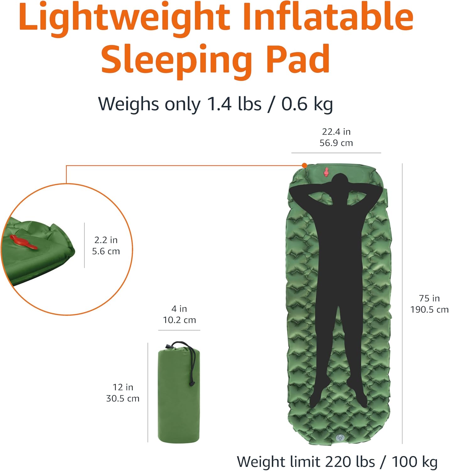 Amazon Basics Camping Sleeping Pad with Quick-Inflate Foot Pump, Water Resistant, Ultralight, Olive Green