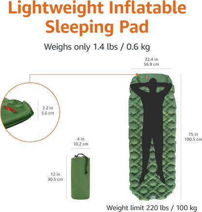 Amazon Basics Camping Sleeping Pad with Quick-Inflate Foot Pump, Water Resistant, Ultralight, Olive Green