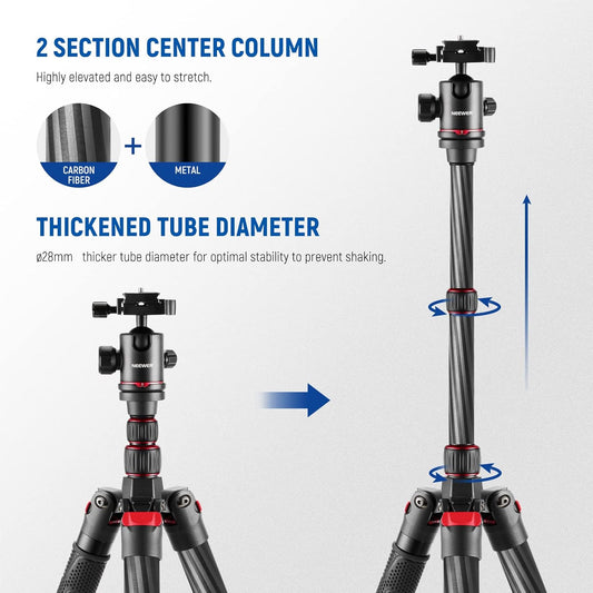 NEEWER Upgraded 80.7" Carbon Fiber Camera Tripod Monopod with Telescopic 2 Section Center Axes, 360° Panorama Ballhead, 1/4" Arca Type QR Plate, Travel Tripod with ø28mm Column, Max Load 26.5lb, N55CR