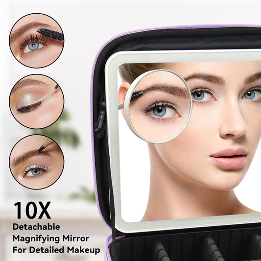 Travel Makeup Bag with LED Mirror and 10x magnifying glass with 3 Lighted Settings, Adjustable Dividers and Makeup Brush Storage Bag Purple