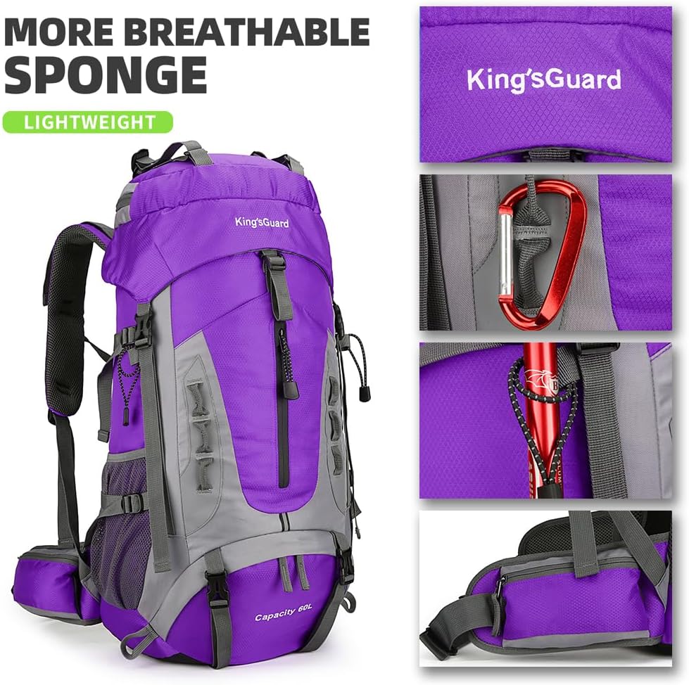 King'sGuard 60L Hiking Backpack Lightweight Camping Backpack with Rain Cover Large Waterproof Packable Outdoor Trekking Travel Backpack for Men Women (Purple)