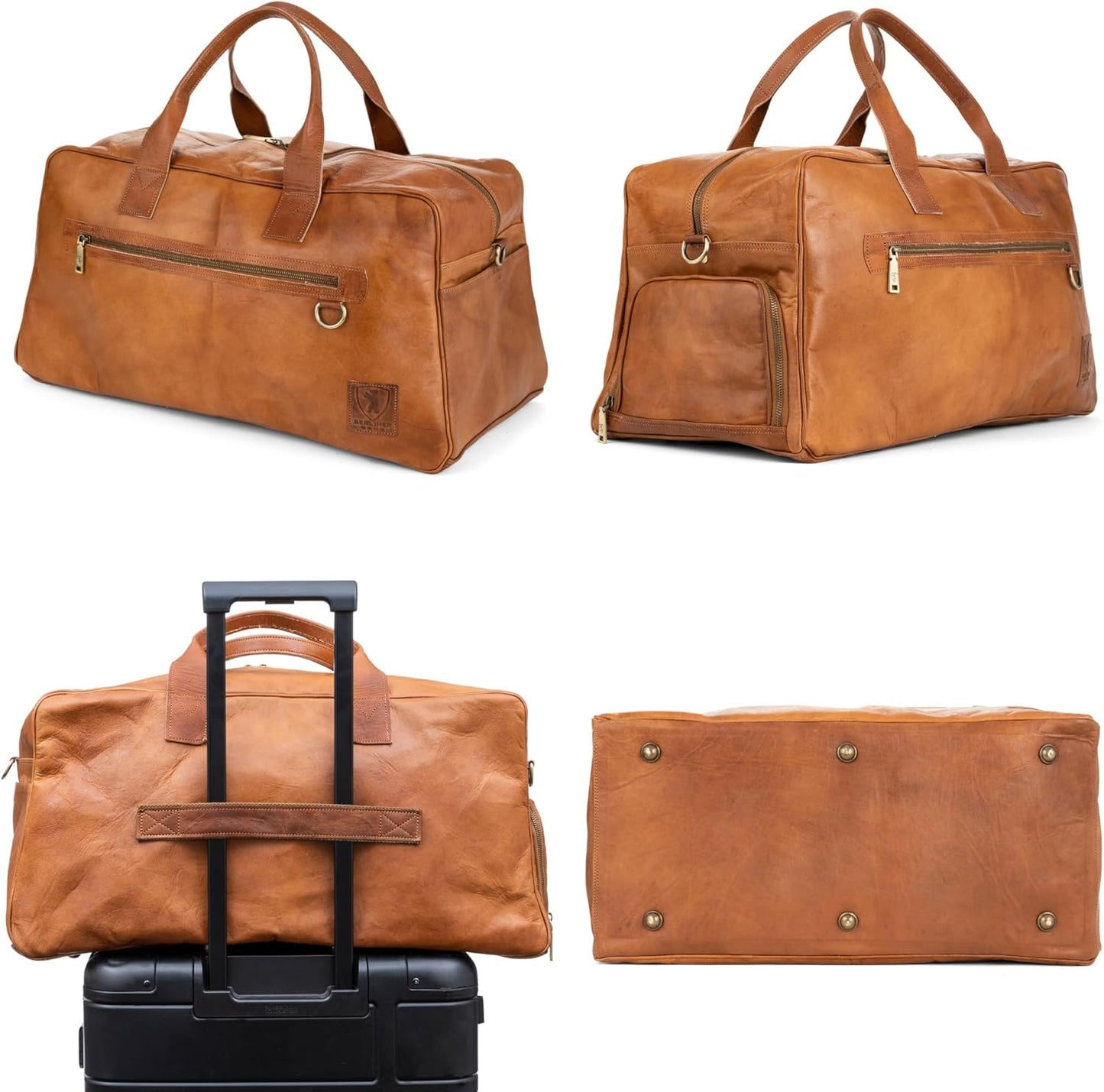 Berliner Bags Vintage Genuine Leather Duffle Austin XL for Travel or the Gym, Weekender Bag with Shoe Compartment, Overnight Bag for Men and Women - Brown