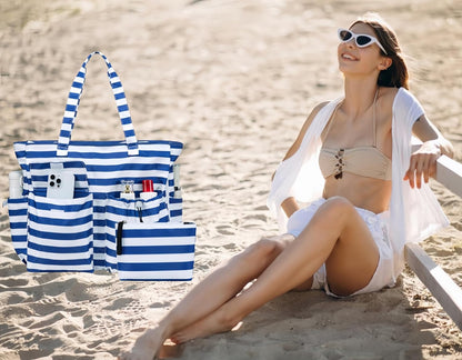 LEDAOU Large Beach Tote Bag Women Waterproof Sandproof Zipper Beach Tote Bag for Pool Gym Grocery Travel with Wet Pocket