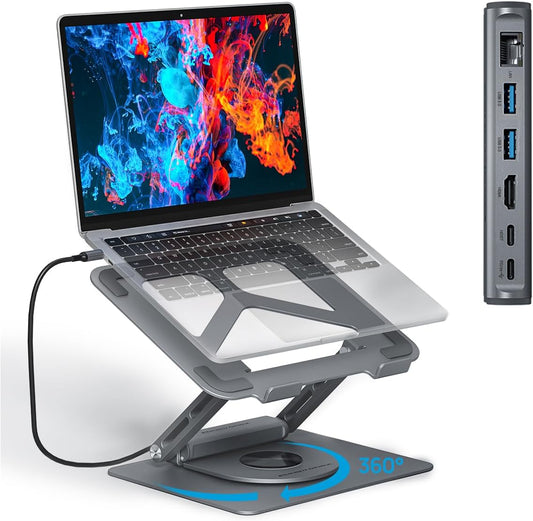 Adjustable Laptop Stand with 360 Rotating Base & USB Docking Station for MacBookPro/Air/Dell/HP/Lenovo, Portable Ergonomic Laptop Riser for Desk with USB Hub 100W PD/4K HDMI/Usb3.0/1000Mbps Ethernet