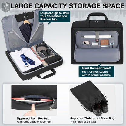 RAINSMORE Garment Bags for Travel Carry On Garment Bag for Hanging Clothes, Suit Bag for Business Trips with Shoes bag & Shoulder Strap, Waterproof Foldable Suit Luggage Bag for Men Women, Black