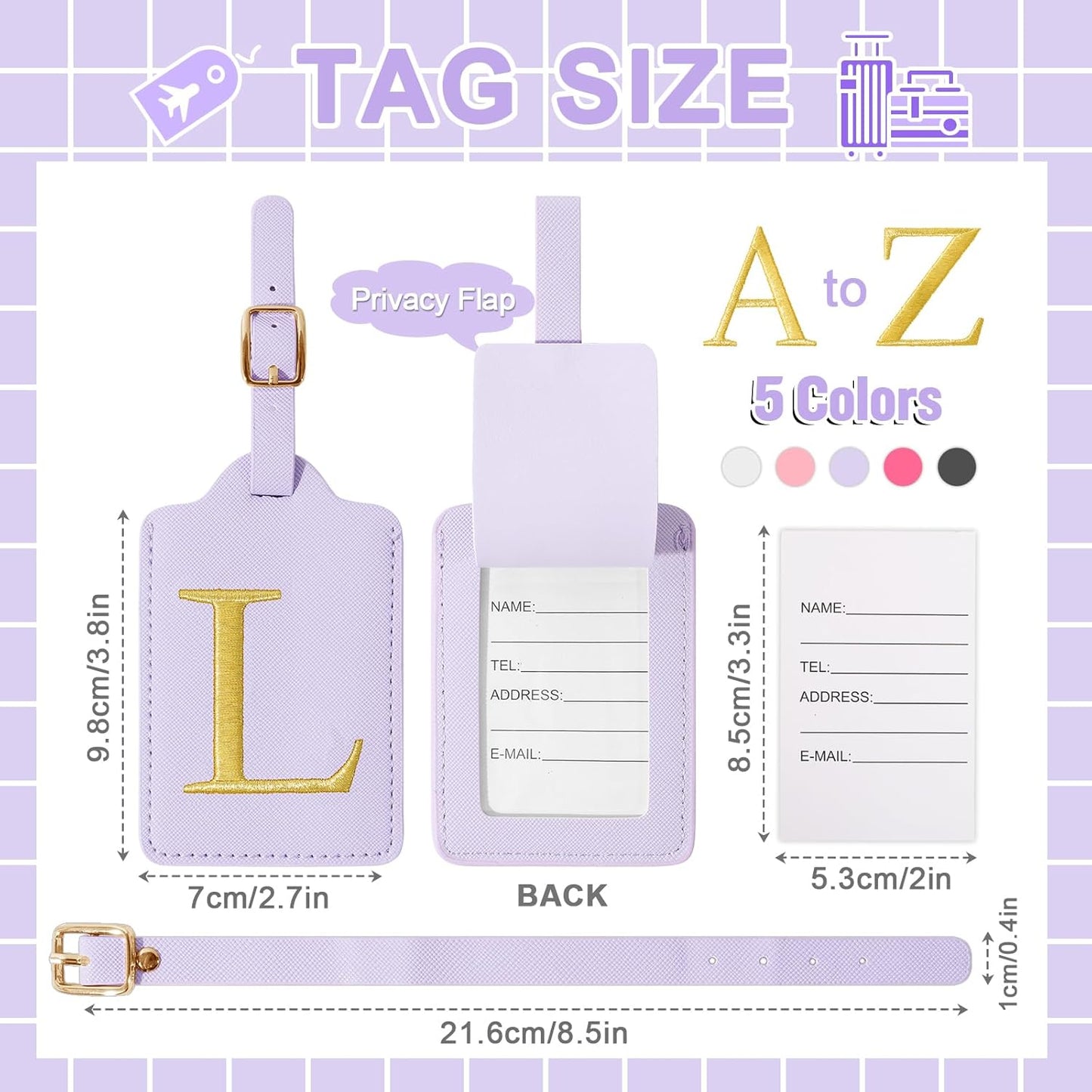 Personalized Initial Luggage Tags for Suitcase, Purple Leather Cute Luggage Tags with Privacy Cover Name Card, Embroidered Custom Monogrammed Luggage Tag Travel Backpack Tags Gifts for Women Kids(L)
