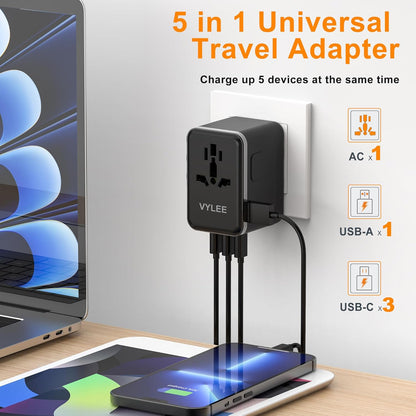 Universal Travel Adapter, PD100W GaN International Power Adapter with 3 USB C and 1 USB A Charging Ports, All in One Power Outlet, Worldwide Plug Adapter for US to European Europe UK AUS Ireland