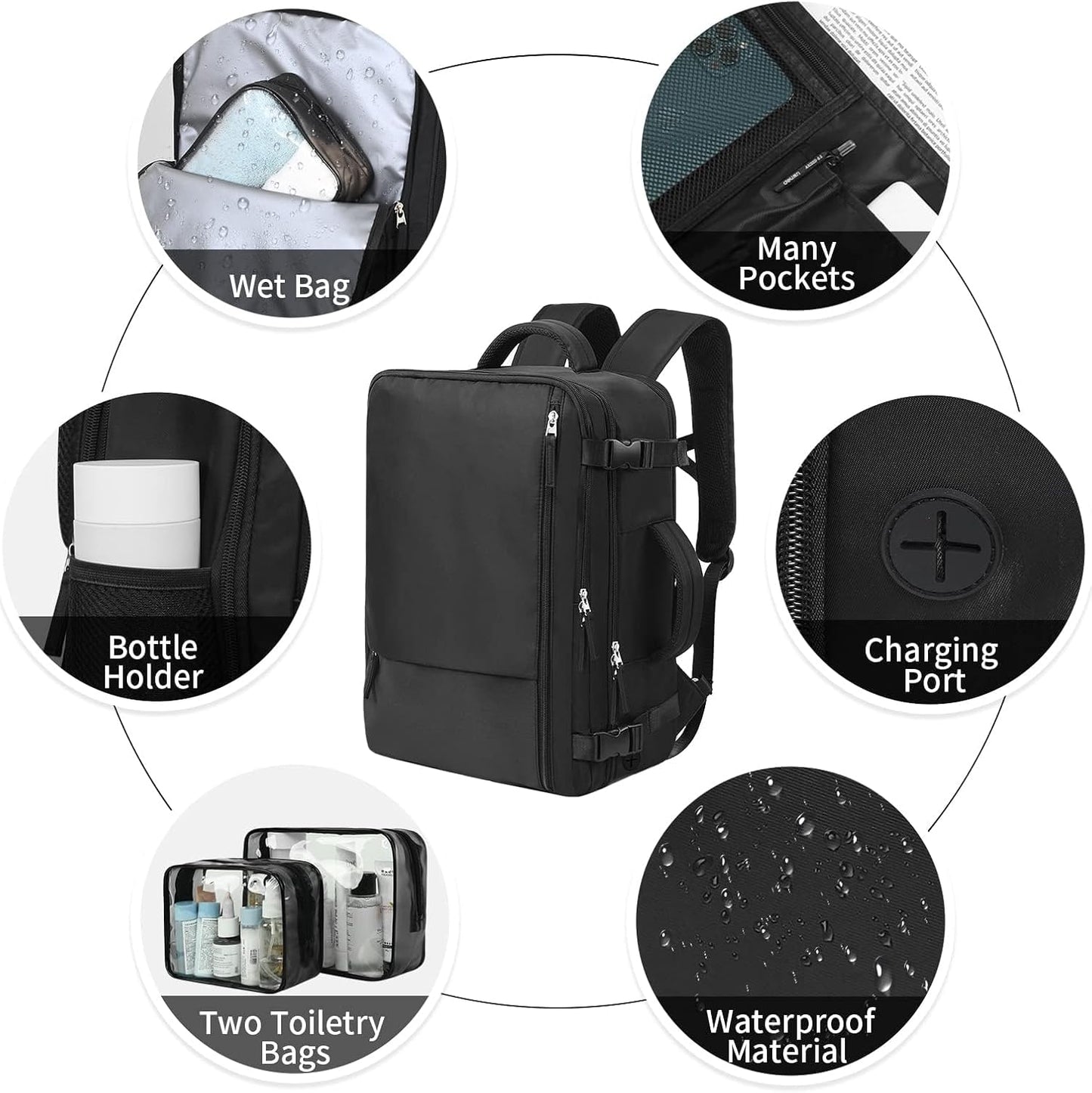 Hanples Travel Backpack for Women Men Large Carry On Person Item Flight Approved 17 In Laptop Backpack Waterproof anti theft Casual Luggage with 2 Toiletry Bag(Black)