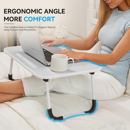 BUYIFY Folding Lap Desk, 23 Inch Portable Wood Grey Laptop Bed Desk Lap Desk with Cup Holder, for Working Reading Writing, Eating, Watching Movies for Bed Sofa Couch Floor