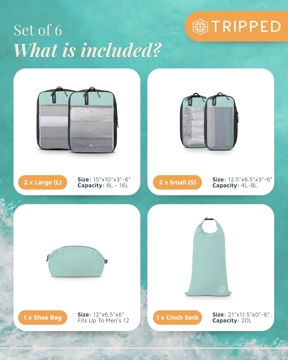 Premium Compression Packing Cubes for Travel, Compression Packaging Cube, Zip Bags Premium 6-Piece Set with laundry bag and shoe bag by TRIPPED Travel Gear (Dusty Teal Mesh)