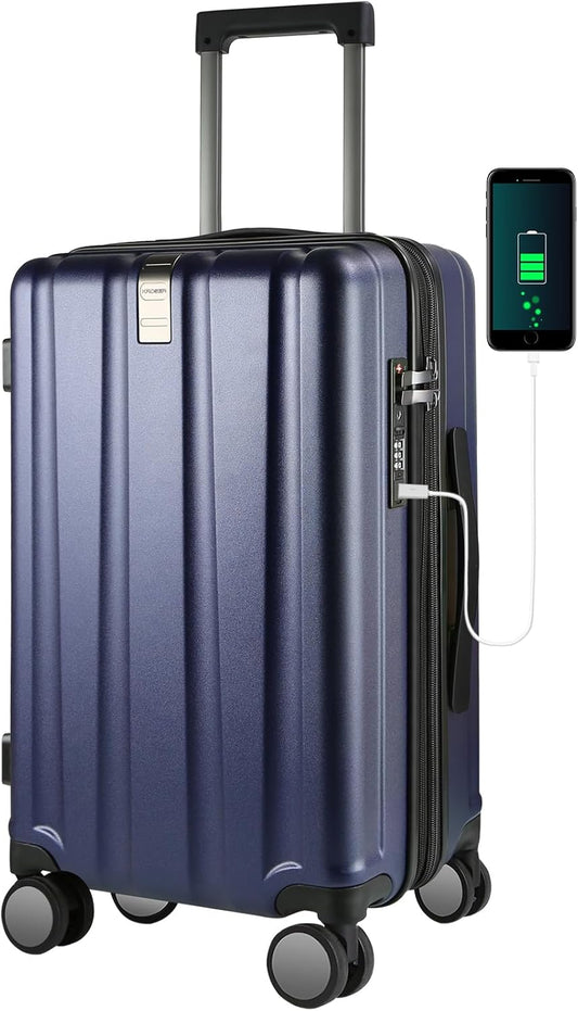 KROSER Hardside Expandable Carry On Luggage with Spinner Wheels & Built-in TSA Lock, Durable Suitcase Rolling Luggage with USB Port, Carry-On 20-Inch, Navy Blue