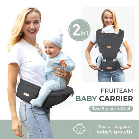 FRUITEAM Baby Carrier Newborn to Toddler, 6-in-1 Ergonomic & Adjustable Baby Carrier with Lumbar Support for All Seasons, Hands-Free, Adapt to Newborn, Infant & Toddler (Grey)