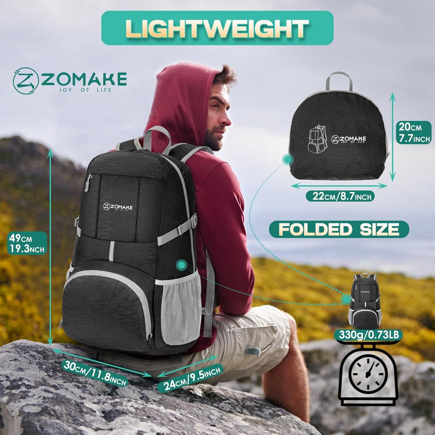 ZOMAKE Lightweight Packable Backpack 35L, Light Foldable Backpacks Water Resistant Collapsible Hiking Bag, Compact Folding Day Pack for Travel Camping(Graphite black)