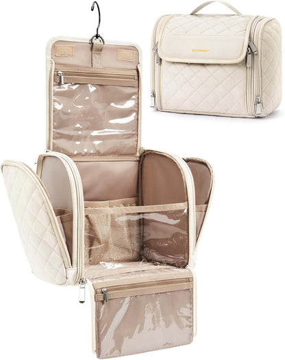 BAGSMART Toiletry Bag Travel Makeup Bag with Hanging Hook, Cosmetic Bag Make Organizer Case, Large Capacity Water-resistant Organizer for Toiletries Accessories Brushes Sponge, Beige