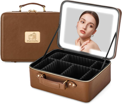 Makeup Bag with LED Mirror & Magnifier, Large Cosmetic Organizer Travel Makeup Case with Adjustable Brightness & 6 Detachable Dividers, Portable Makeup Storage for Women Girls (Brown)