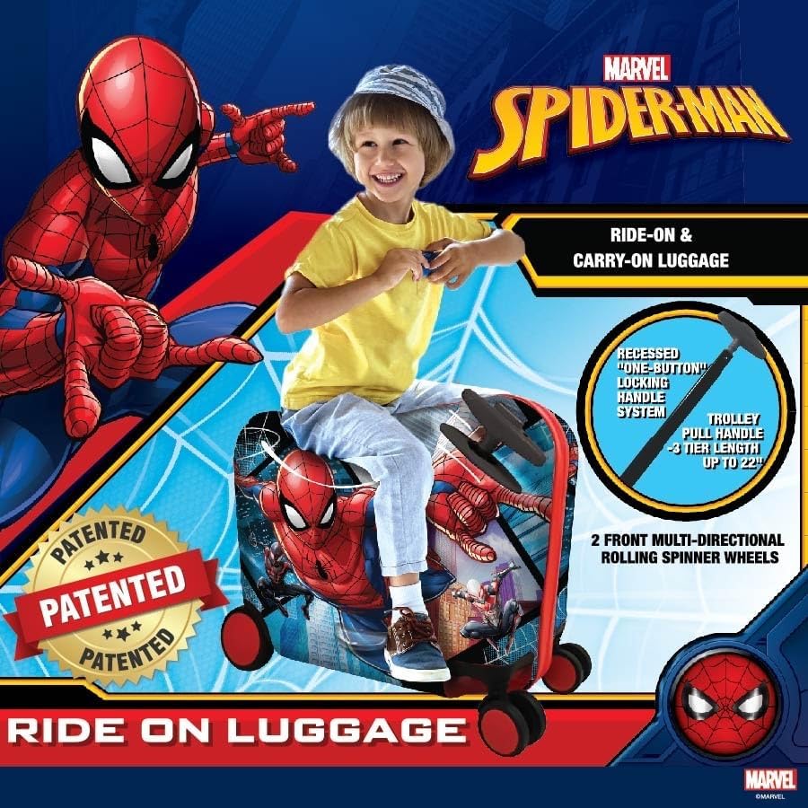 Fast Forward Ride-On 18" Suitcase For Kids/Tow-Along Toddler Carry-On Luggage With Wheels (Spiderman)