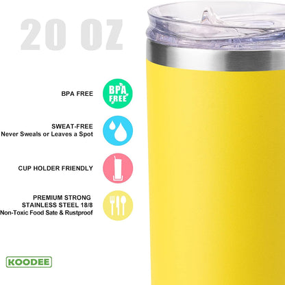 Koodee 20 oz Skinny Tumbler - Stainless Steel Double Wall Insulated Slim Water Cup With Straw and Lids (Yellow)