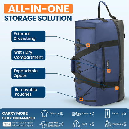 Fanwoli 30'' Rolling Duffel Bag with 2 Wheels - No-Sag Design for Heavy Loads, Expandable 100L-120L Luggage with Soft Handle & Lock, Waterproof Foldable Lightweight with for Travel, Camping,Moving