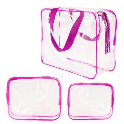 3Pcs Crystal Clear PVC Travel Toiletry Bag Kit for Women Men, Waterproof Vinyl Organizer Clear Makeup Bags with Zipper Handle Straps, Cosmetic Bag Pouch Carry on Airport Airline Compliant Bag Handbag