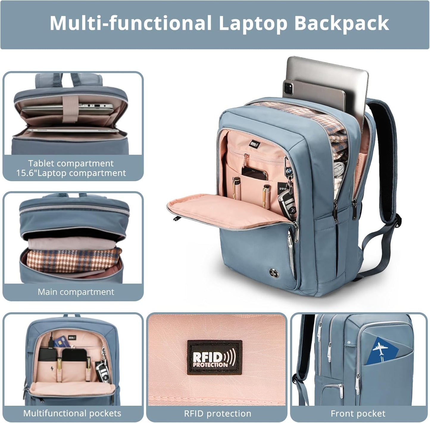 Swissdigital Design Women's Backpack for Work/Travel/Leisure with USB Charging Port, Water Bottle Holder, Separate Sunglass Pocket - Fits 15.6 inch Laptop,Blue | KATY ROSE