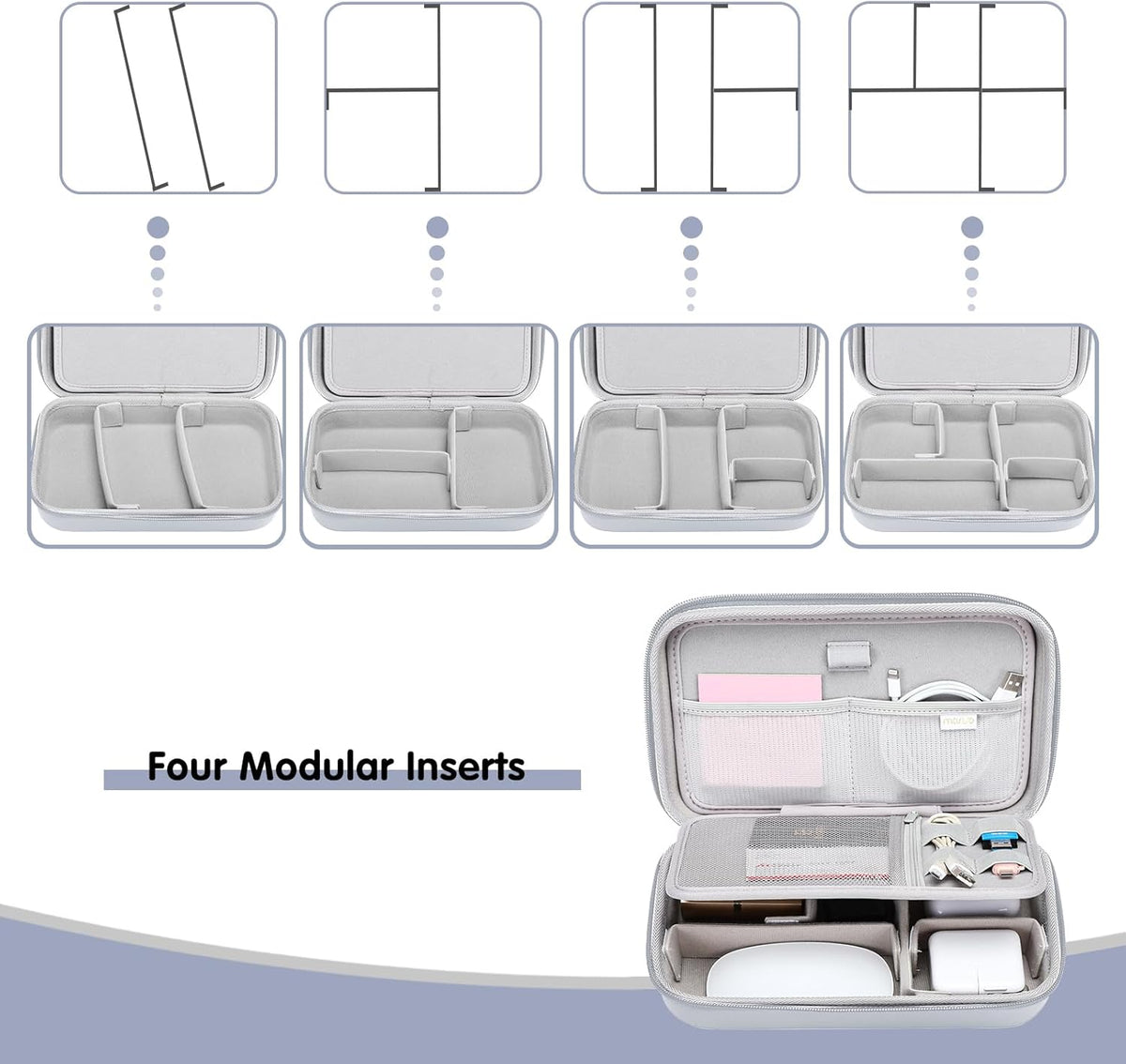 MOSISO Electronic Organizer Travel Case Compatible with MacBook Power Adapter, Compatible with Magic Mouse & Pencil, SD Card, USB Flash Disk with 4 Modular Insert & 2 Cable Tie & Snap Hook, Gray