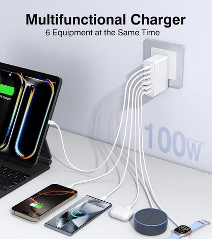 100W USB C Wall Charger,6-Port PD Fast USB C Charging Block,3 Type C+3Type A Multiport Plug,6 in 1 Charger Compatible with for iPhone 16/15/14/13/12/ProMax,iPad,AirPods4,Galaxy S25/S24,Watch,AirPorts