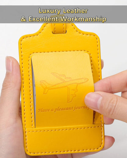 Teskyer Luggage Tags, 3 Pack Premium PU Leather Luggage Tags for Suitcases, Privacy Protection Travel Bag Tags, Yellow