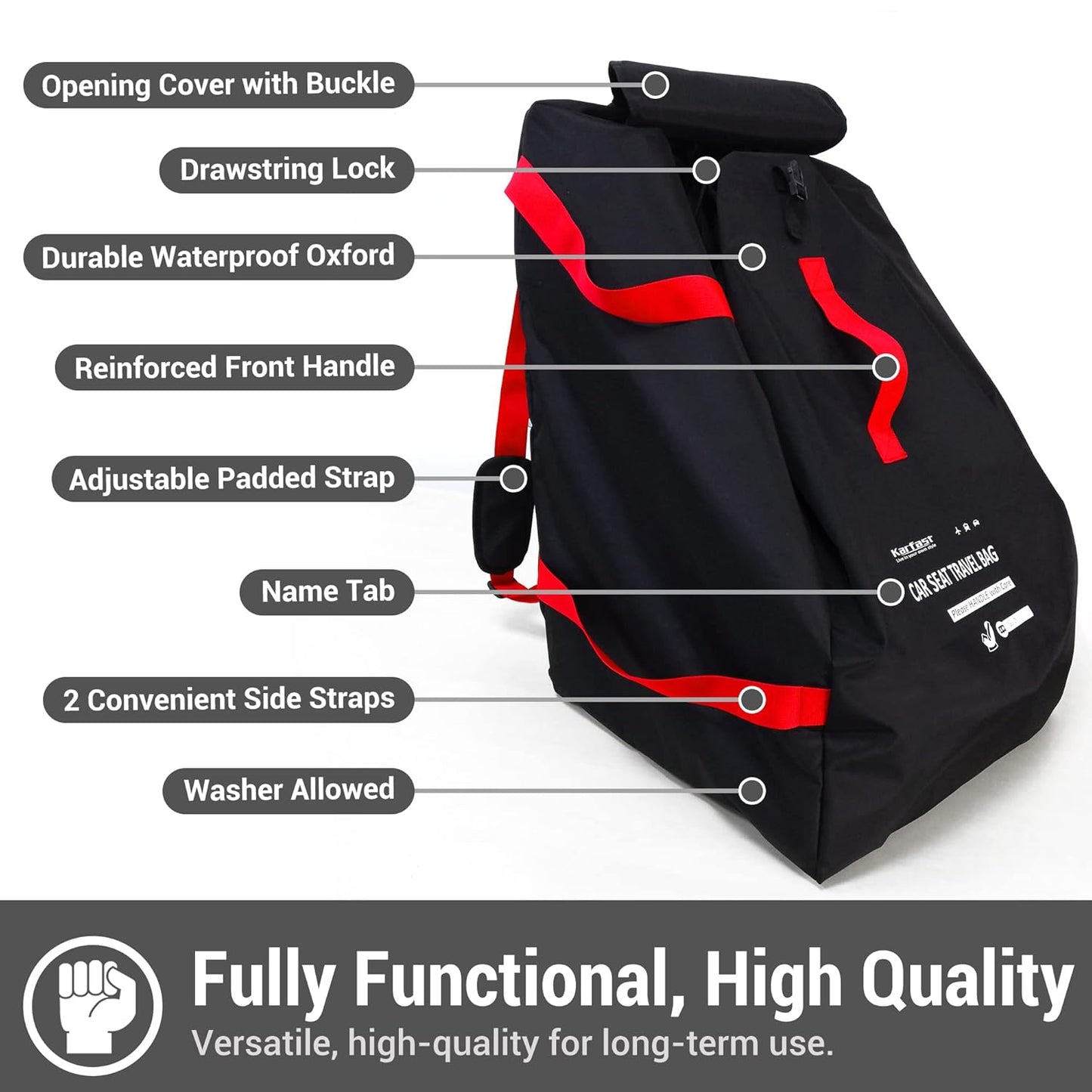 Car Seat Travel Bag Backpack for Air Travel - Karfast Universal Infant Carseat Gate Check Bag Cover for Airplane, Foldable with Pouch, Black