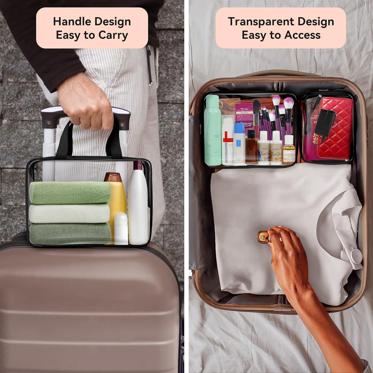 TISRATOK 10 PCS Clear Travel Makeup Toiletry Bag, Plastic PVC Cosmetic TSA Approved Organizer Kit with Zipper Handbag（Black）