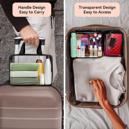 TISRATOK 10 PCS Clear Travel Makeup Toiletry Bag, Plastic PVC Cosmetic TSA Approved Organizer Kit with Zipper Handbag（Black）