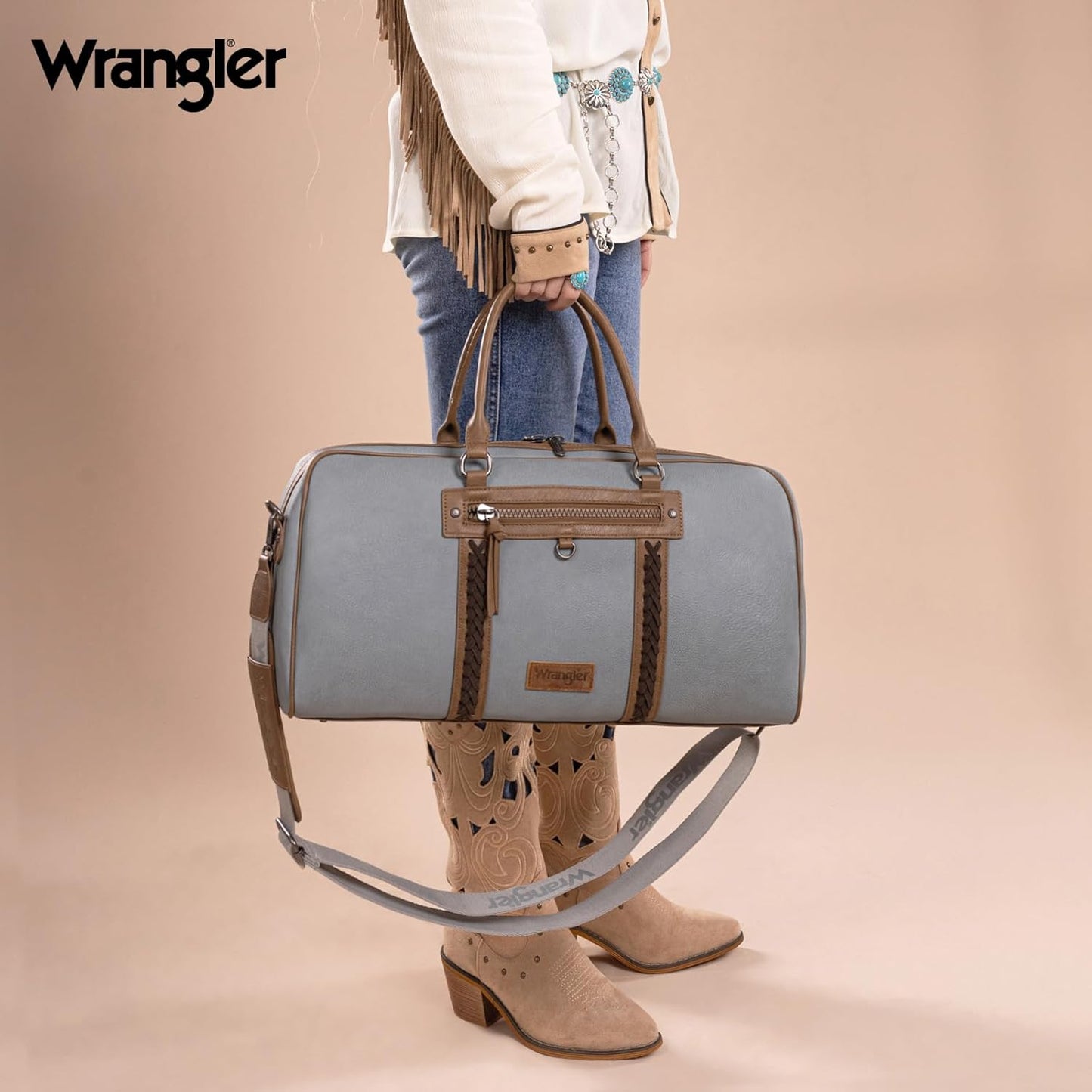 Wrangler Travel Duffel Bag Large Weekender Bag for Women Designer Carry on Overnight Bag for Trips Leather Luggage Bag Jean WG185-5110JN