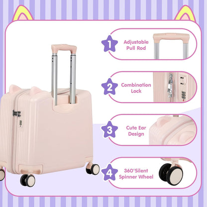 20" Ride-On Travel Suitcase for Kids, Cute Ear Toddler Carry on Luggage with Spinner Wheels, Children Rolling Trolly Luggage with Combination Lock (Pink)
