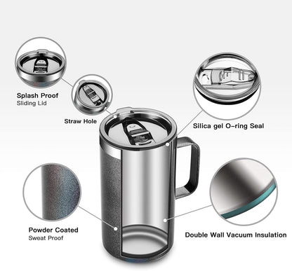 KXIAOCHEN 20oz Insulated Coffee Mug with Lid, Stainless Steel Coffee Cup, Double Wall Vacuum Coffee Tumbler with Handle, Premium Thermal Travel Coffee Mug (Glitter Black)