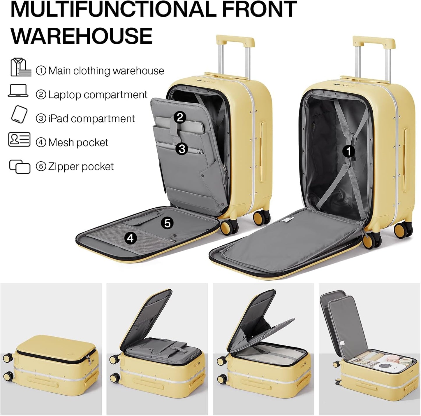 mixi Carry On Luggage, 20'' Suitcase with Front Laptop Pocket, Travel Rolling Luggage Aluminum Frame PC Hardside with Spinner Wheels & TSA Lock and Cover - Lark Yellow