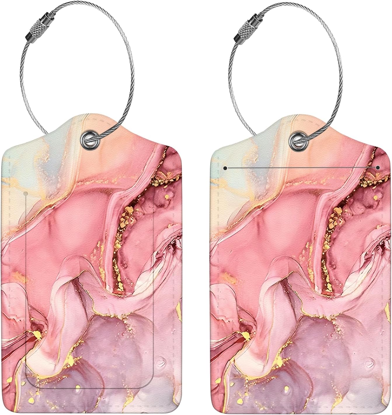 2 Pcs Luggage Tags for Suitcase, Cute Unique PU Leather Travel Bag Tag with Privacy Cover ID Label Address Card and Durable Metal Ring Suitable for Men Women Children Backpack,Pink Marble