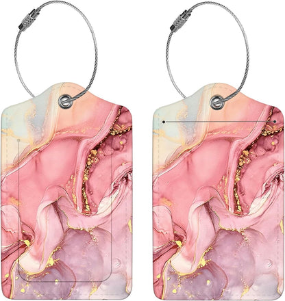 2 Pcs Luggage Tags for Suitcase, Cute Unique PU Leather Travel Bag Tag with Privacy Cover ID Label Address Card and Durable Metal Ring Suitable for Men Women Children Backpack,Pink Marble