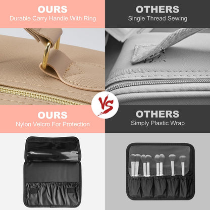 Mocado Travel Makeup Bag with LED Lighted Mirror,Travel Makeup Organizer,Makeup Case with 3 Color Lighted Setting and 10x Magnifying Mirror,Portable Storage and Adjustable Dividers Makeup Box(Khaki)