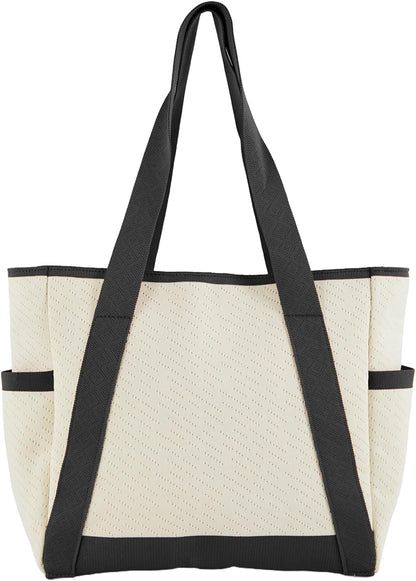 Large Canvas Tote Bag,White and Green, with Laptop Sleeve and Multiple Pockets
